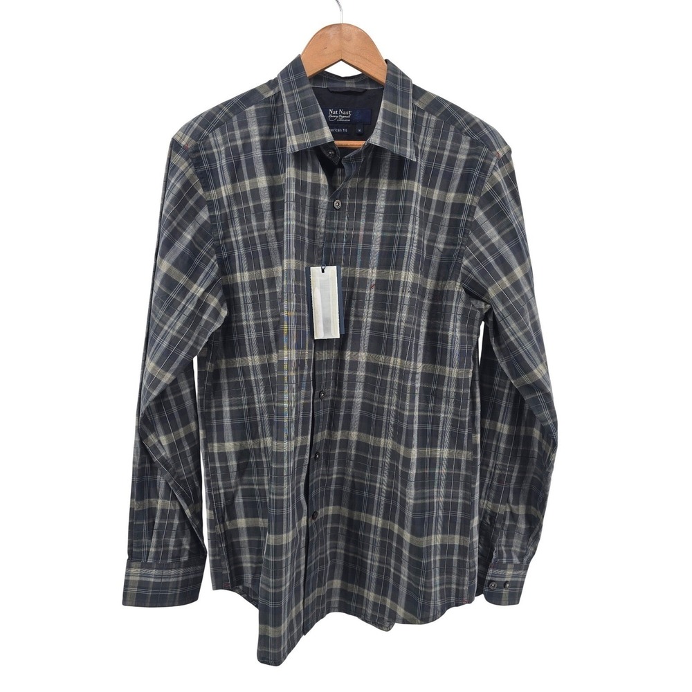 Nat Nast Button Down Shirt Mens‎ Medium Black Plaid American Fit AY41S353 Cotton